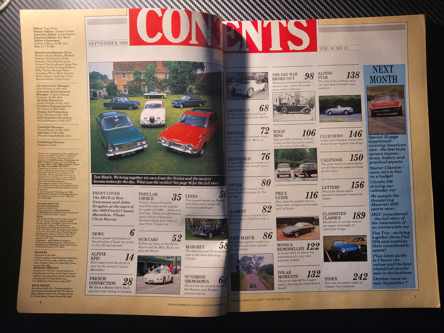 Classic Cars Magazine September 1989 (986) SIX 60'S CLASSICS, MINI 30TH BIRTHDAY