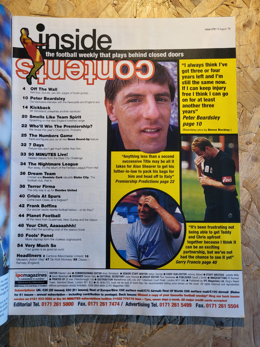 90 Minute Magazine 19 August 1995 #270 (1030)(RARE) Peter Beardsley Eric Cantona Gerry Francis