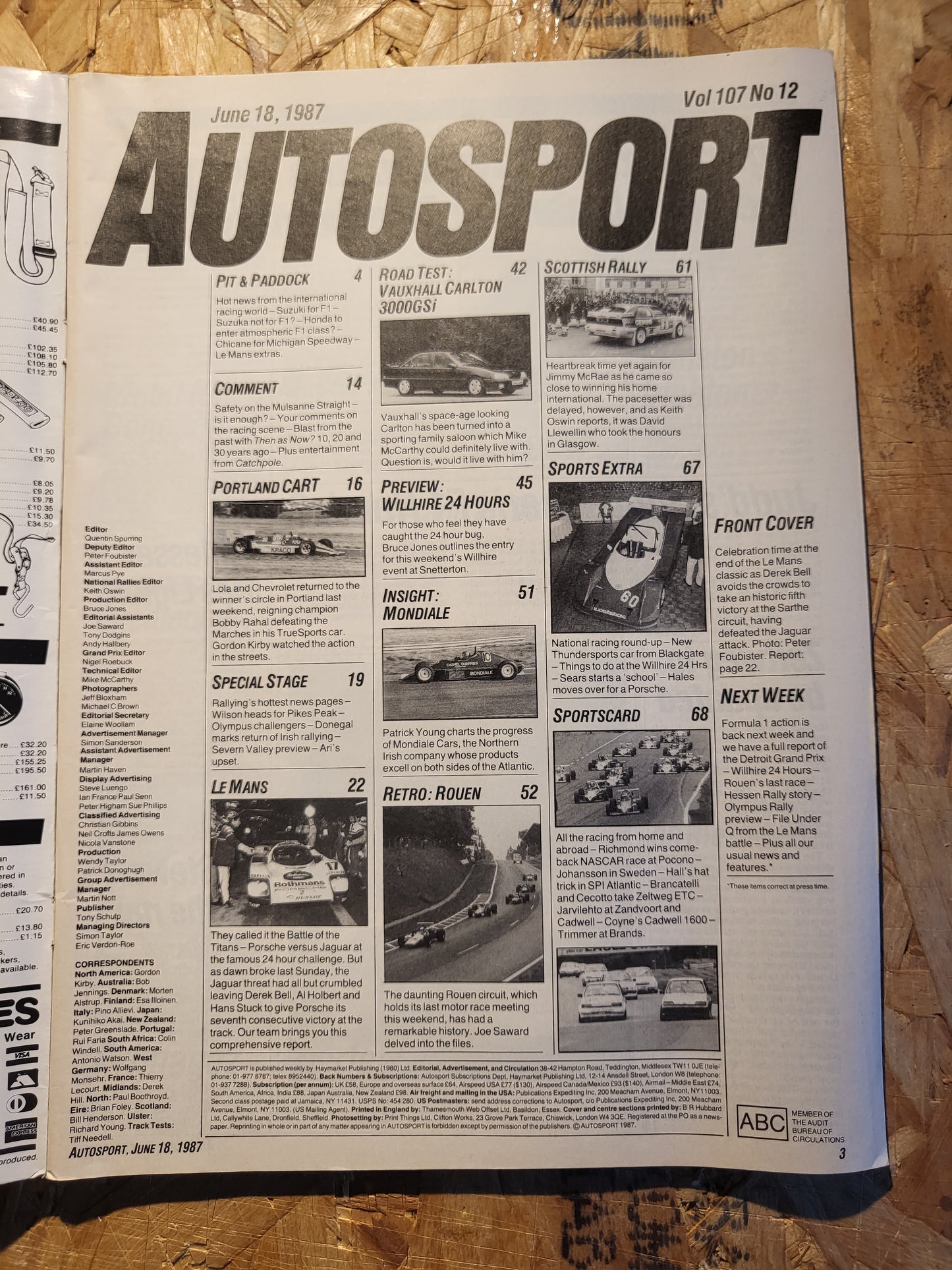 Autosport Magazine 18 June 1987 (1035) Vauxhall Carlton 3000GSi Mondiale