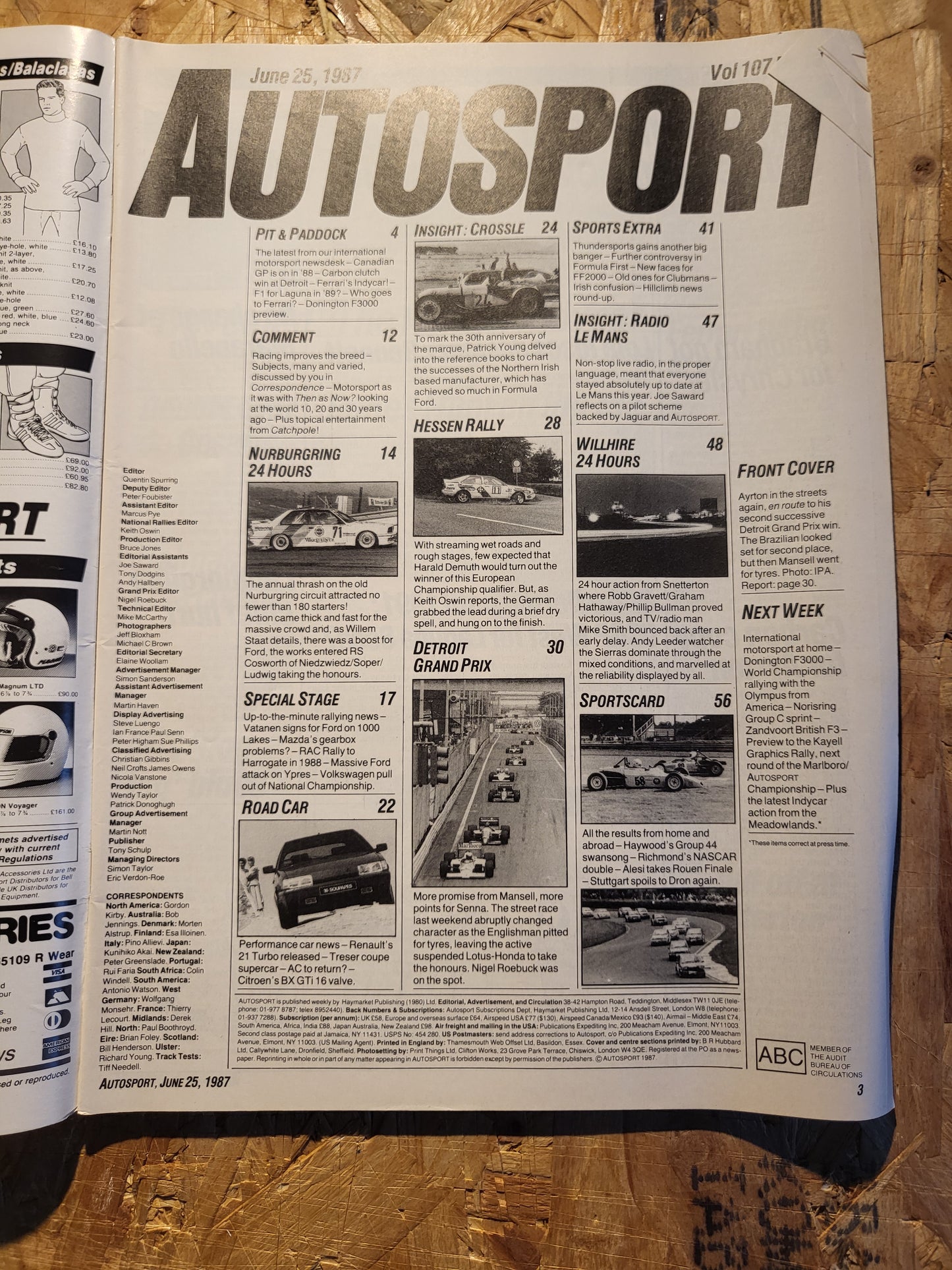 Autosport Magazine 25 June 1987 (1035) Mansell Senna Renault 21 Citroen BX GTi