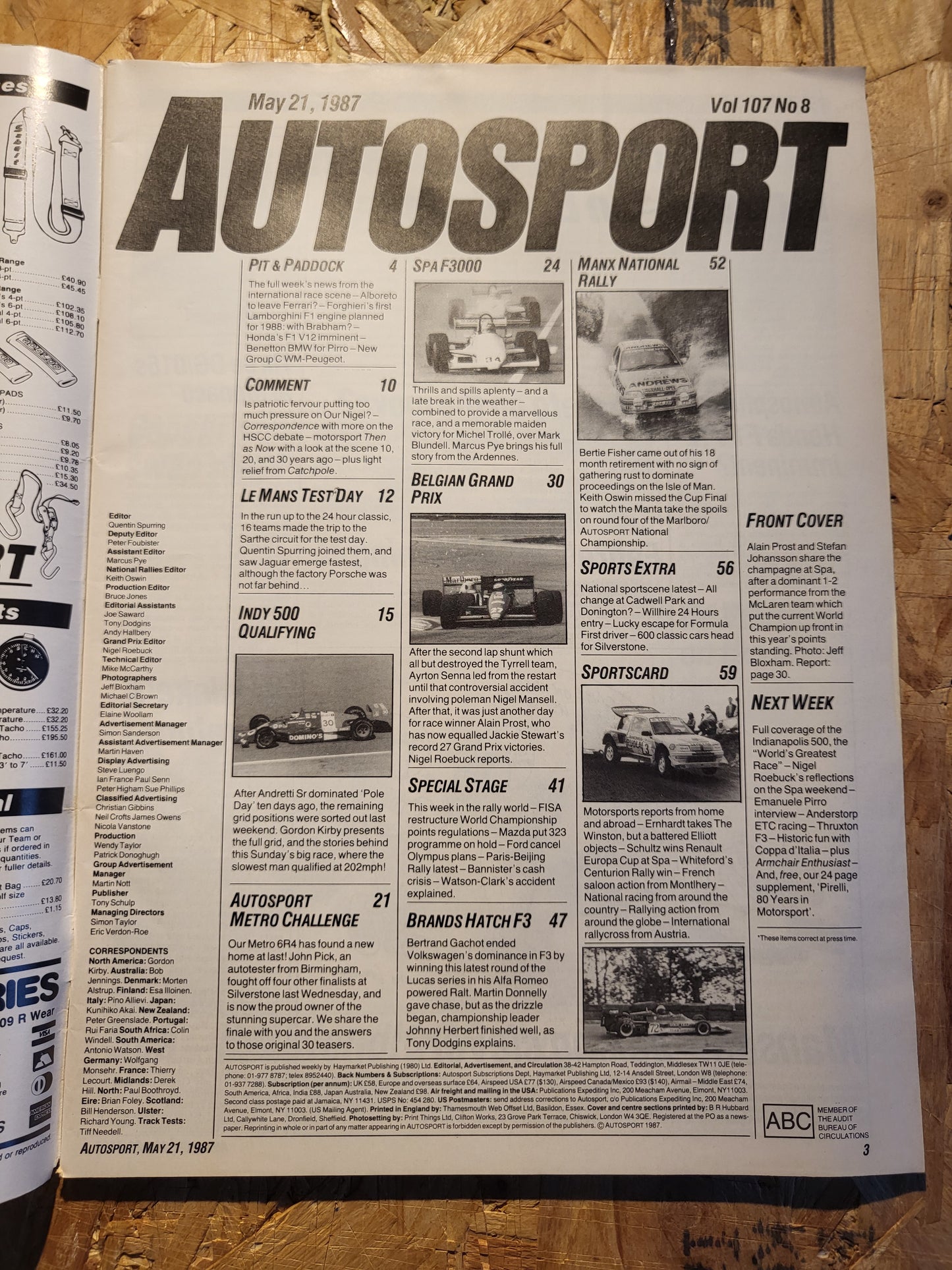 Autosport Magazine 21 May 1987 (1035) McLaren 1-2 Indy 500 Spa F3000