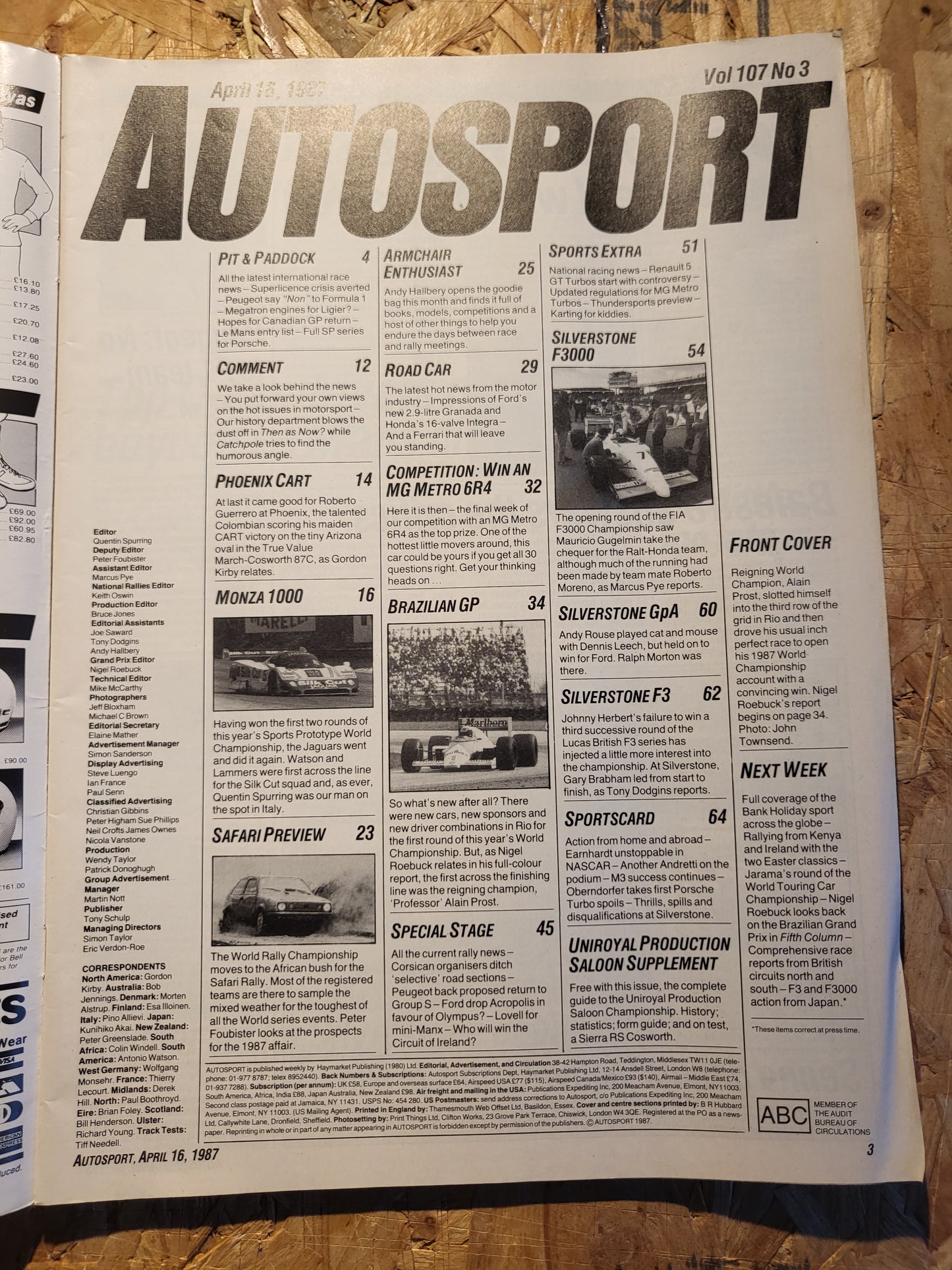 Autosport Magazine 16 April 1987 (1035) Silverstone Ford Grandada F3000