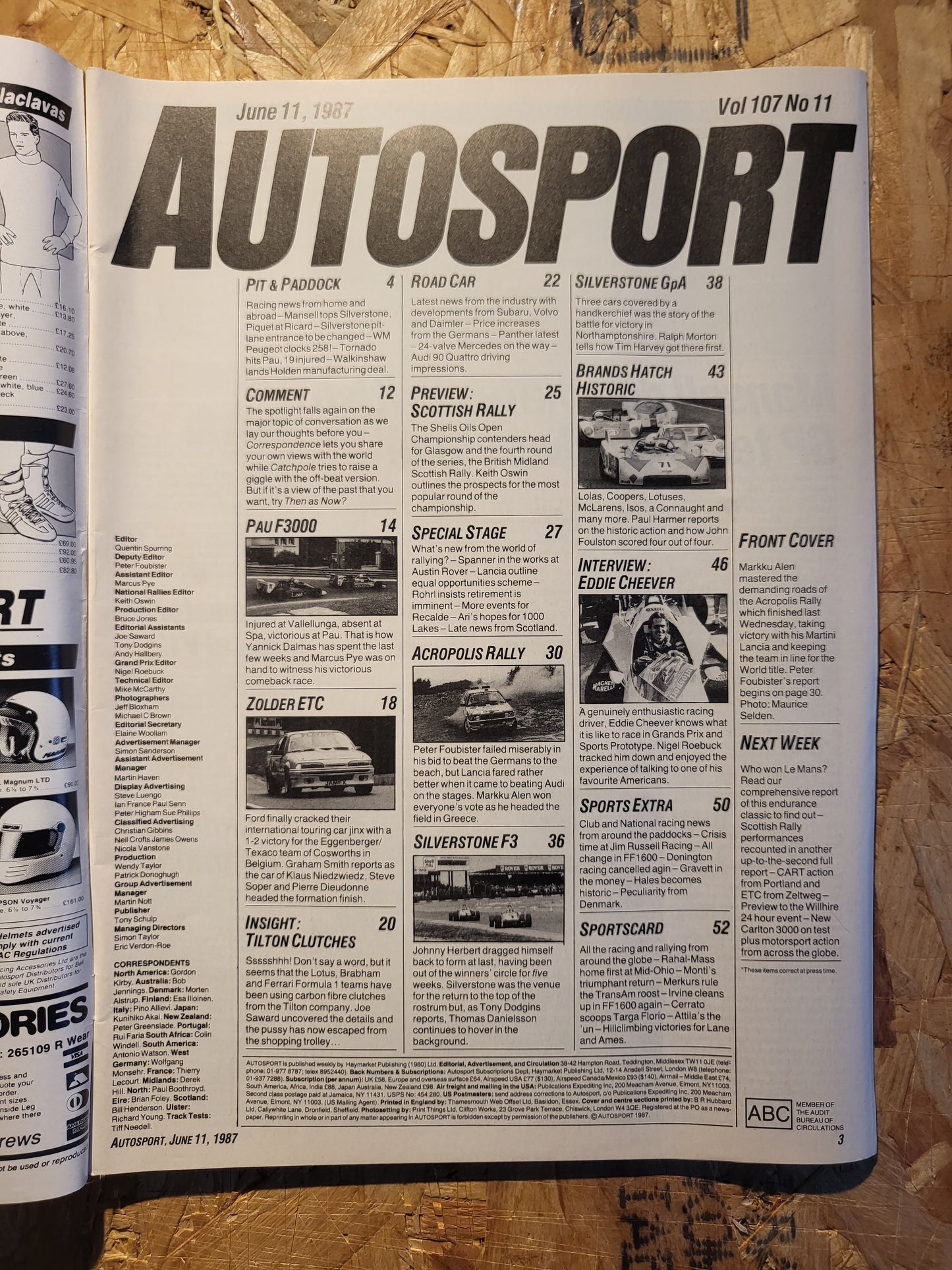 Autosport Magazine 11 June 1987 (1035) Eddie Cheever Pau F3000 Audi 90 Auattro