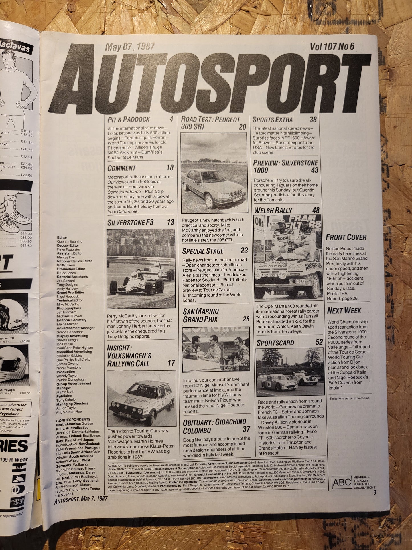 Autosport Magazine 7 May 1987 (1035) Peugeot 309 SRi Indy 500 Silverstone 1000