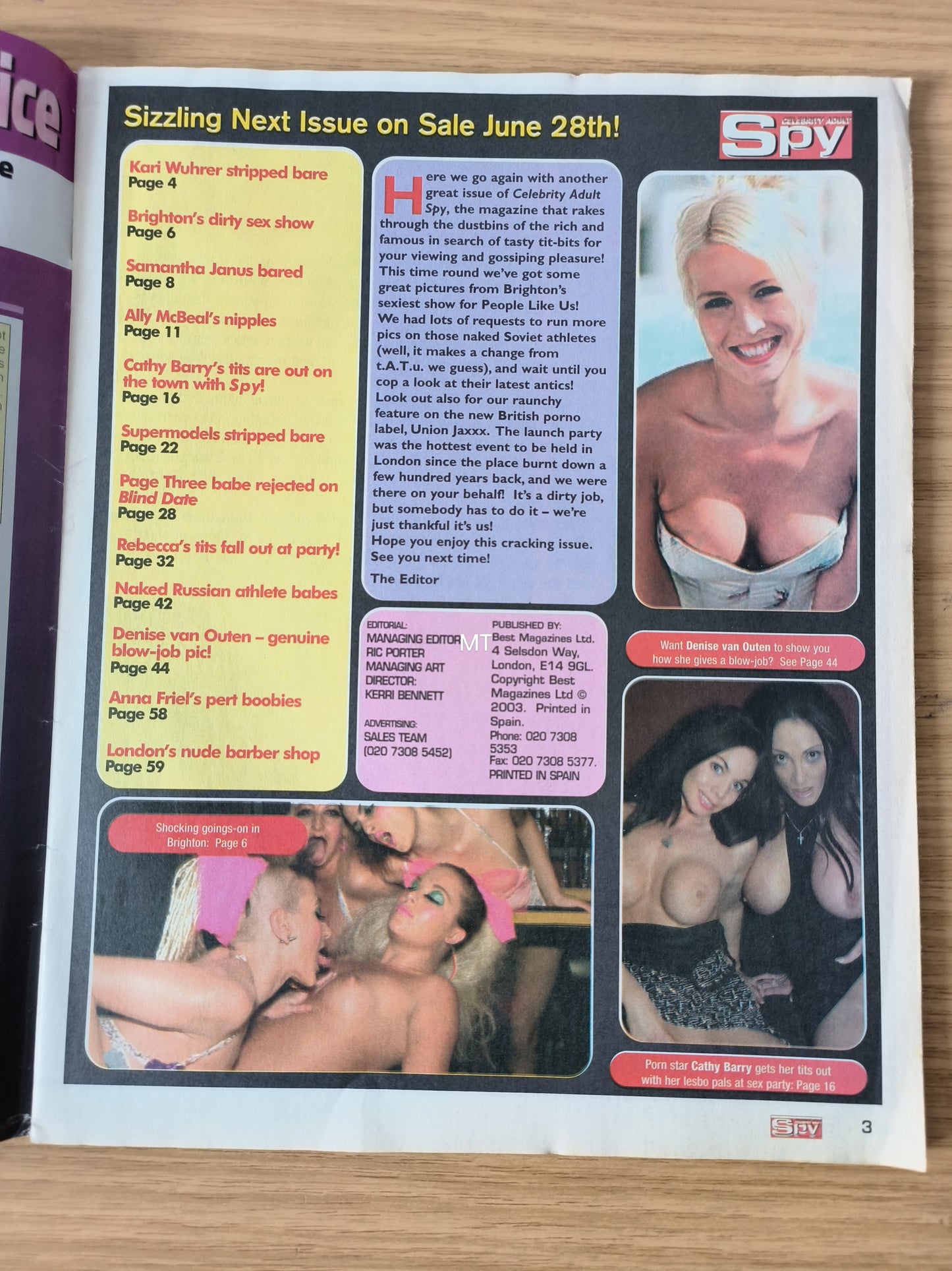Celebrity Adult Spy Magazine Issue 1/16 27/06/2003 VERY RARE (1080) Denise Van Outen Cathy Barry Kari Wuhrer