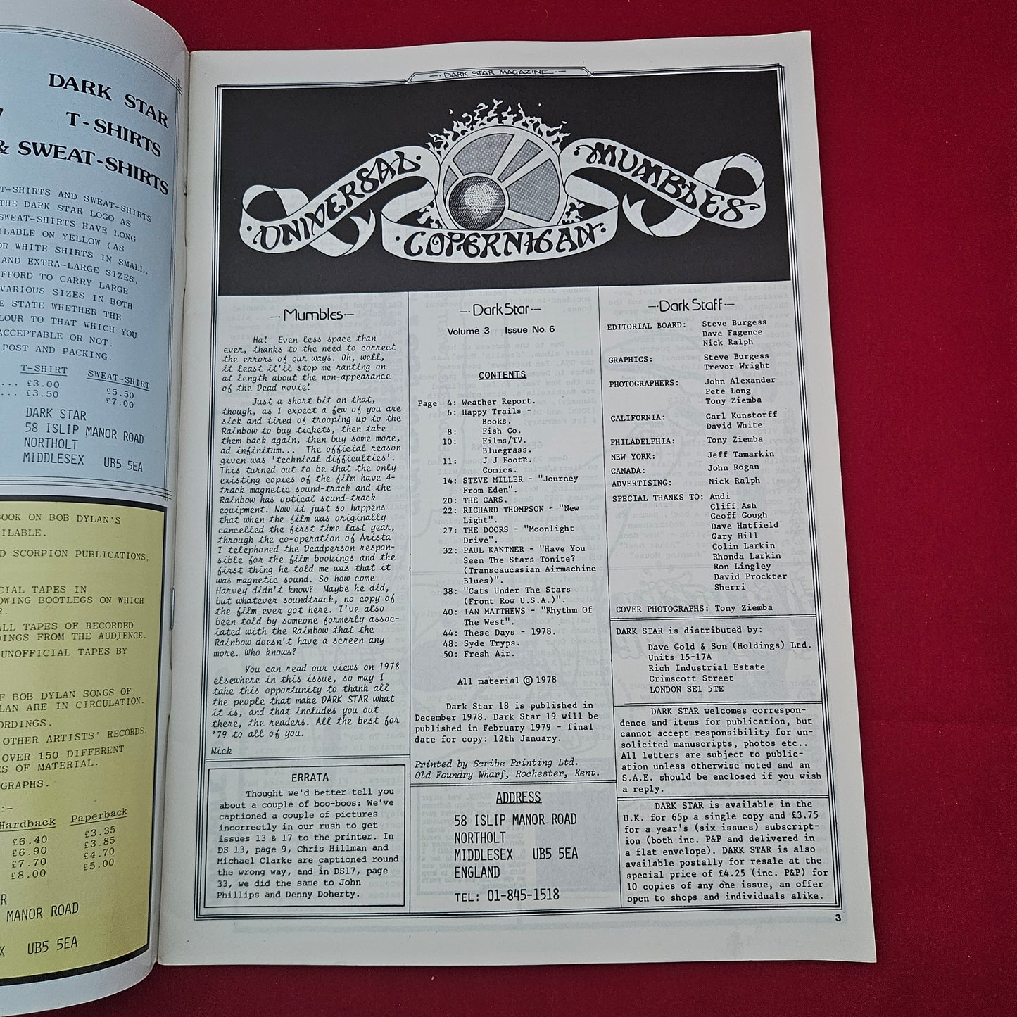 Dark Star Magazine December 1978 (1277) Vol 3 No 6 Steve Miller Doors The Cars