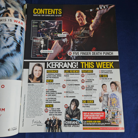 Kerrang Magazine December 12 2009 #1291 (1341) Paramore Hayley Williams MCR Manson