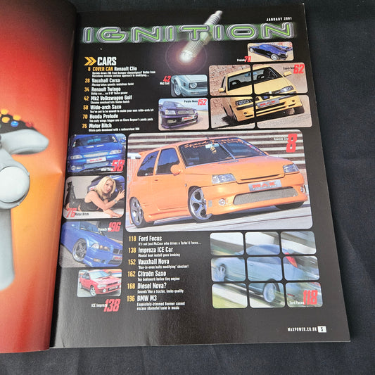 Max Power Magazine January 2001 (1384) Ava Renault Clio BMW M3 Vauxhall Corsa Volkswagen Golf Citroen Saxo Modified Tuning Cars Glamour Models