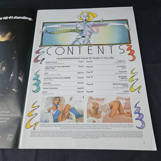 Club International Magazine November 1981 Volume 10 Number 11 (1385) Schweppes TV Girl Lisa Pauline Kate Rebecca Isadora Lydia Glamour Models
