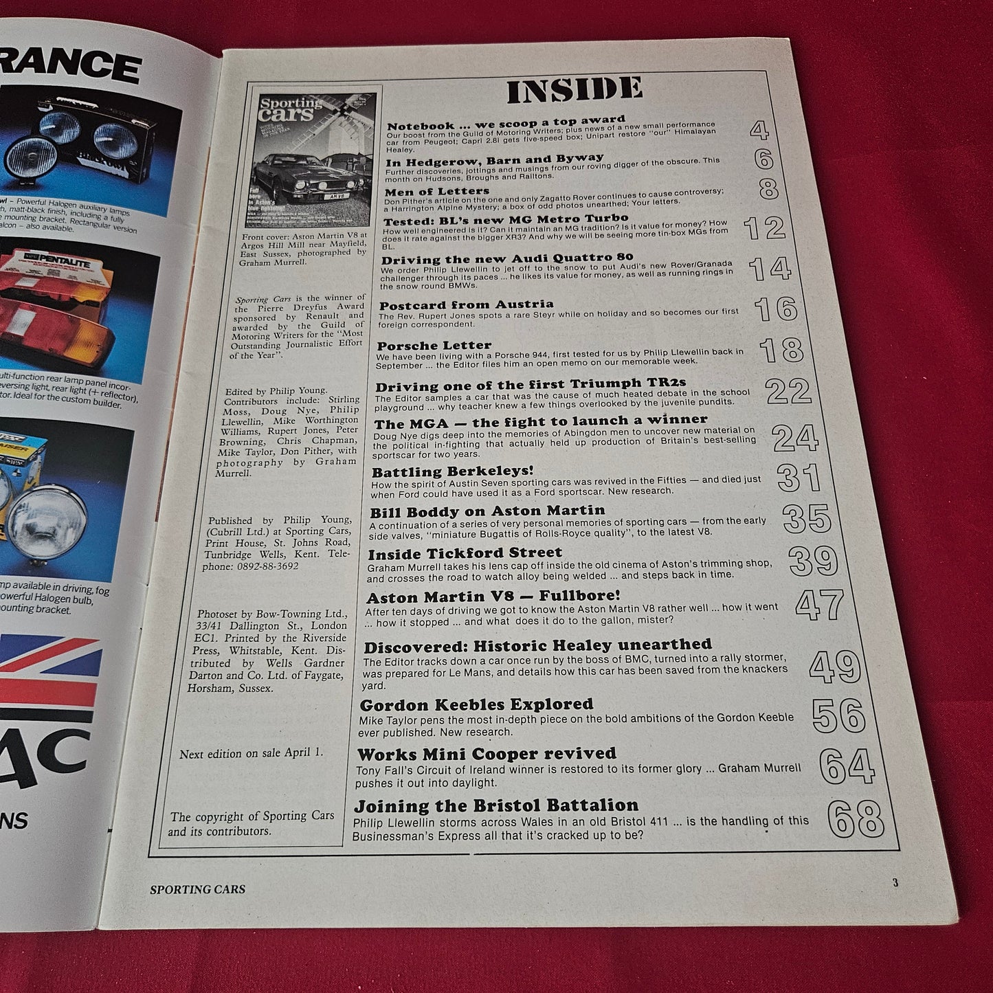 Sporting Cars Magazine February March (1419) Aston Martin V8 MG Metro Turbo Porsche 944 Audi Quattro