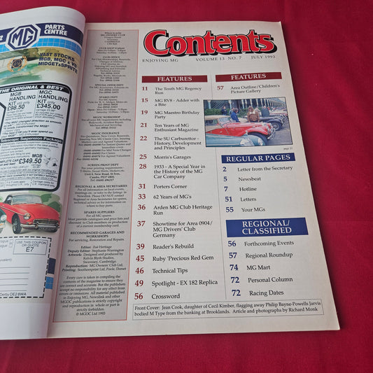 Enjoying MG Magazine July 1993 (1424) MG Regency Run MG RV8 MG Maestro M Type EX182 Replica