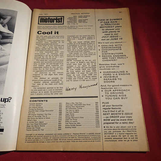 Practical Motorist Magazine June 1971 Morris Marina Jaguar V12 VW Capri Toyota SKU 1525