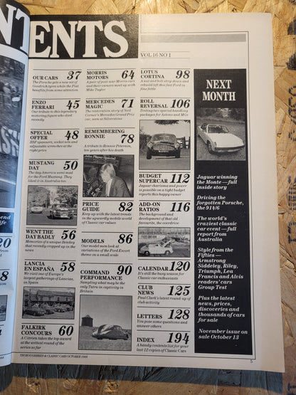 Classic Cars Magazine October 1988 (1019) Lotus Cortina Enzo Ferrari Lancia En Espana