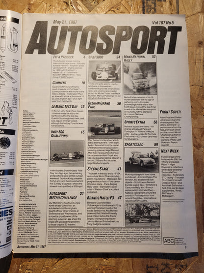 Autosport Magazine 21 May 1987 (1035) McLaren 1-2 Indy 500 Spa F3000
