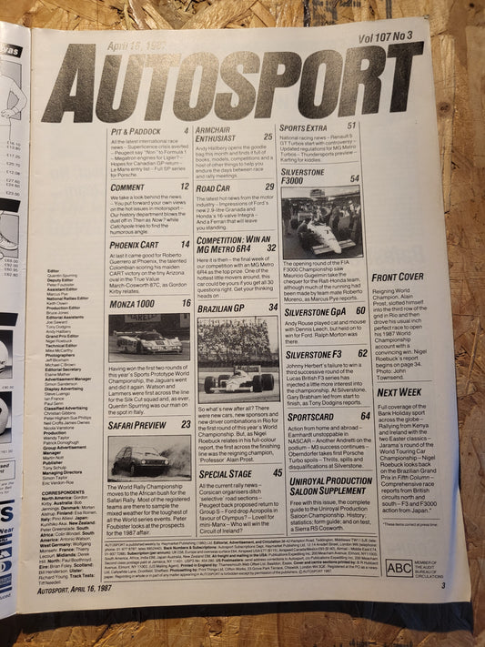 Autosport Magazine 16 April 1987 (1035) Silverstone Ford Grandada F3000
