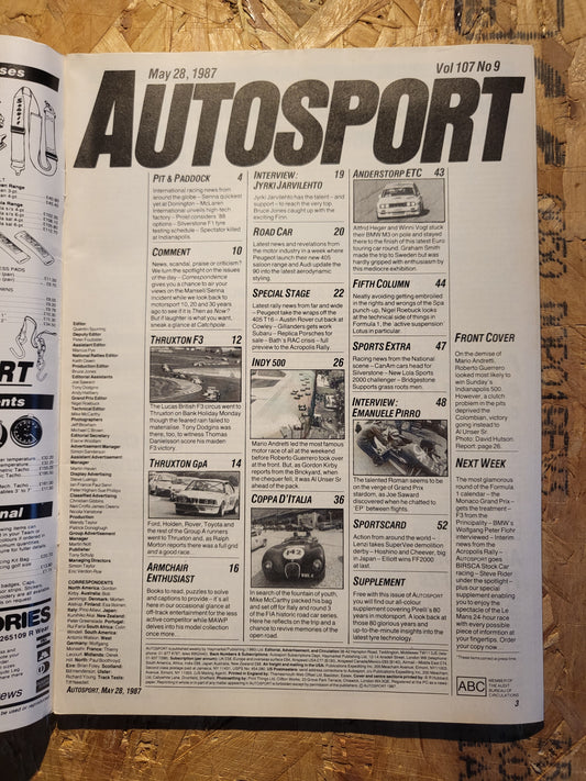 Autosport Magazine 28 May 1987 (1035)  Al Unser Sent Wins Indianapolis 500 Herbert F3