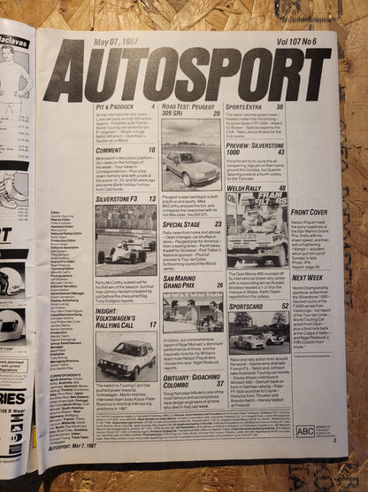 Autosport Magazine 7 May 1987 (1035) Peugeot 309 SRi Indy 500 Silverstone 1000