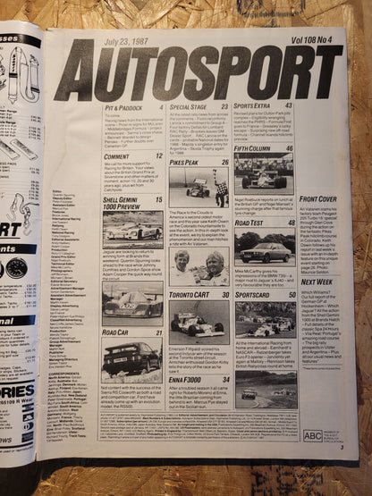 Autosport Magazine 23 July 1987 (1035) Pikes Peak, Sierra Cosworth, BMW 735i, F3000
