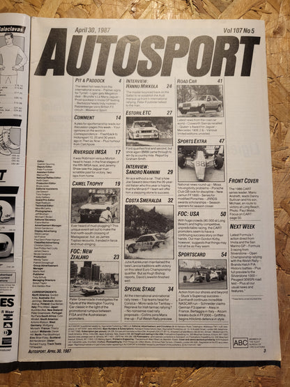 Autosport Magazine 30 April 1987 (1035) Sandro Nannini Hannu MIkkola Cosworth Sierra