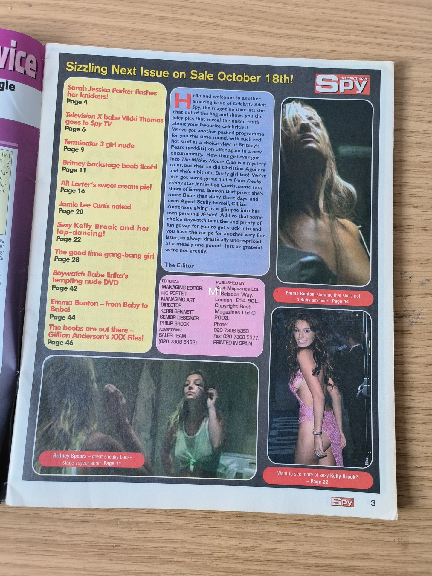 Celebrity Adult Spy Magazine Issue 1/24 17/10/2003 VERY RARE (1080) Kelly Brook Baby Spice Britney Spears
