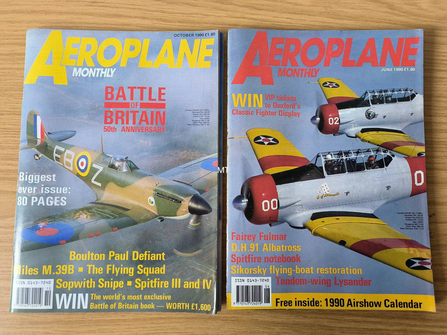 8x Aeroplane Monthly Magazines 1990 Bundle/Job Lot (0096) Vulcan Spitfire Luftwaffe