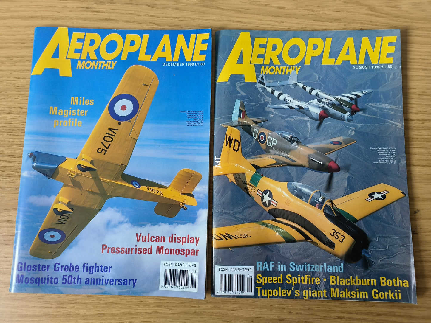 8x Aeroplane Monthly Magazines 1990 Bundle/Job Lot (0096) Vulcan Spitfire Luftwaffe
