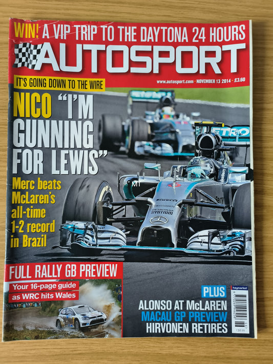 Autosport Magazine 13 Nov 2014 (RARE)(1118) Nico Rosberg Lewis Hamilton F1 Rally GB Alonso Hirvonen