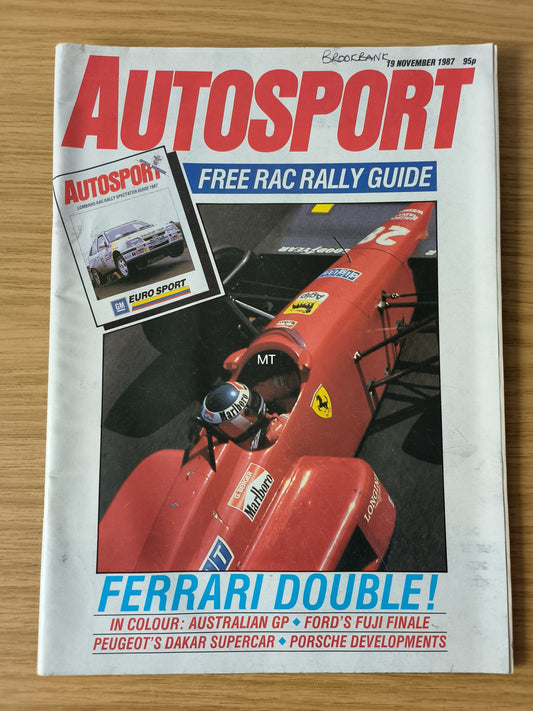 Autosport Magazine 19 November 1987 (RARE)(1118) Ferrari Double Australian GP Fuji F1 Porsche Dakar Rally