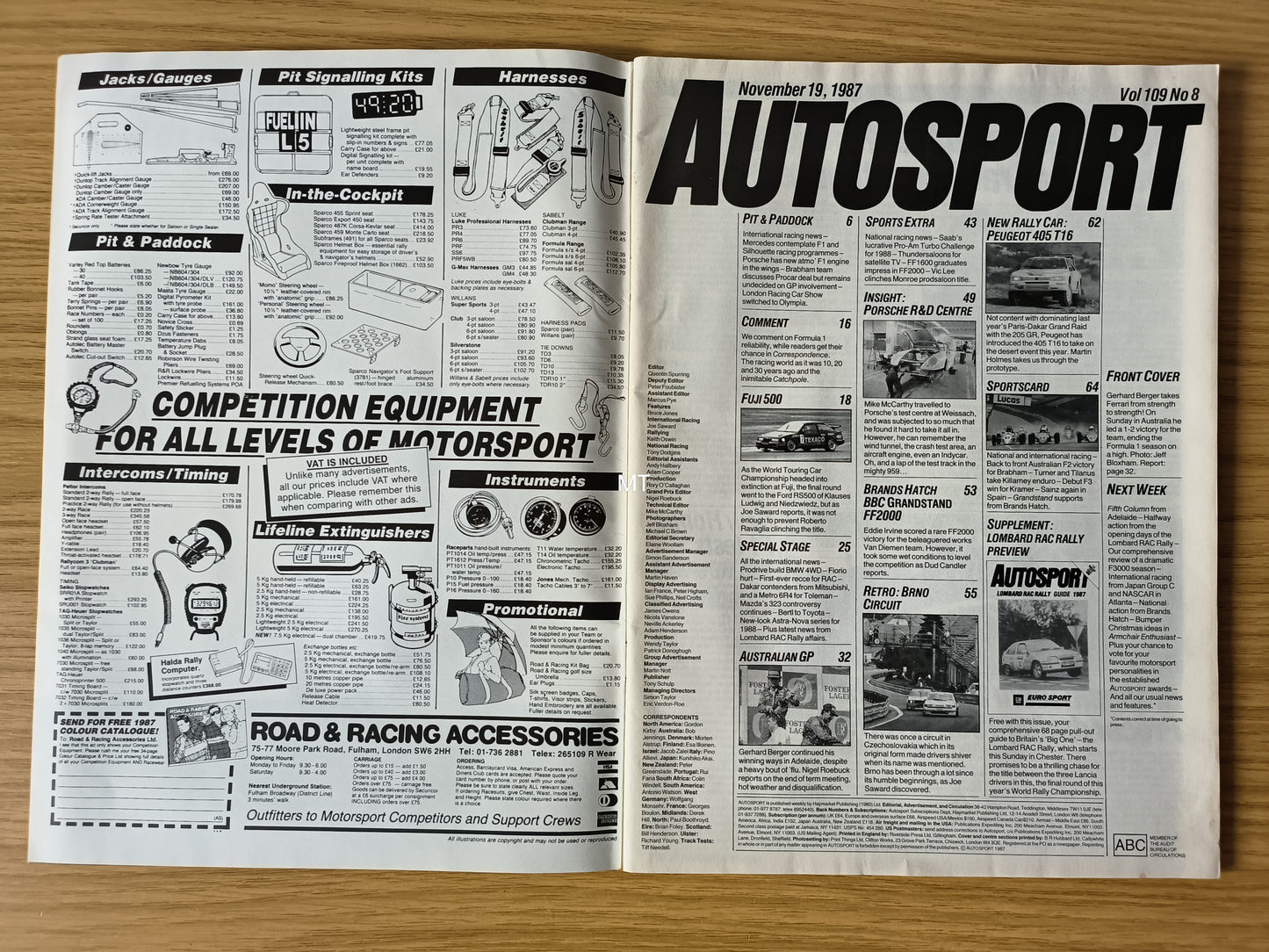 Autosport Magazine 19 November 1987 (RARE)(1118) Ferrari Double Australian GP Fuji F1 Porsche Dakar Rally