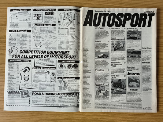 Autosport Magazine 19 November 1987 (RARE)(1118) Ferrari Double Australian GP Fuji F1 Porsche Dakar Rally