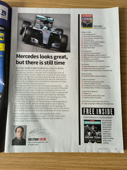 Autosport Magazine March 3 2016 (RARE)(1118) F1 Testing War Mercedes Ferrari Hamilton Vettel Schumacher JR
