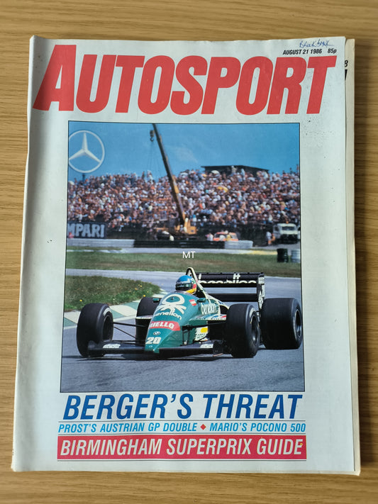 Autosport Magazine 21 Aug 1986 (RARE)(1118) Gerhard Berger Benetton Austrian GP Birmingham Superprix F3000