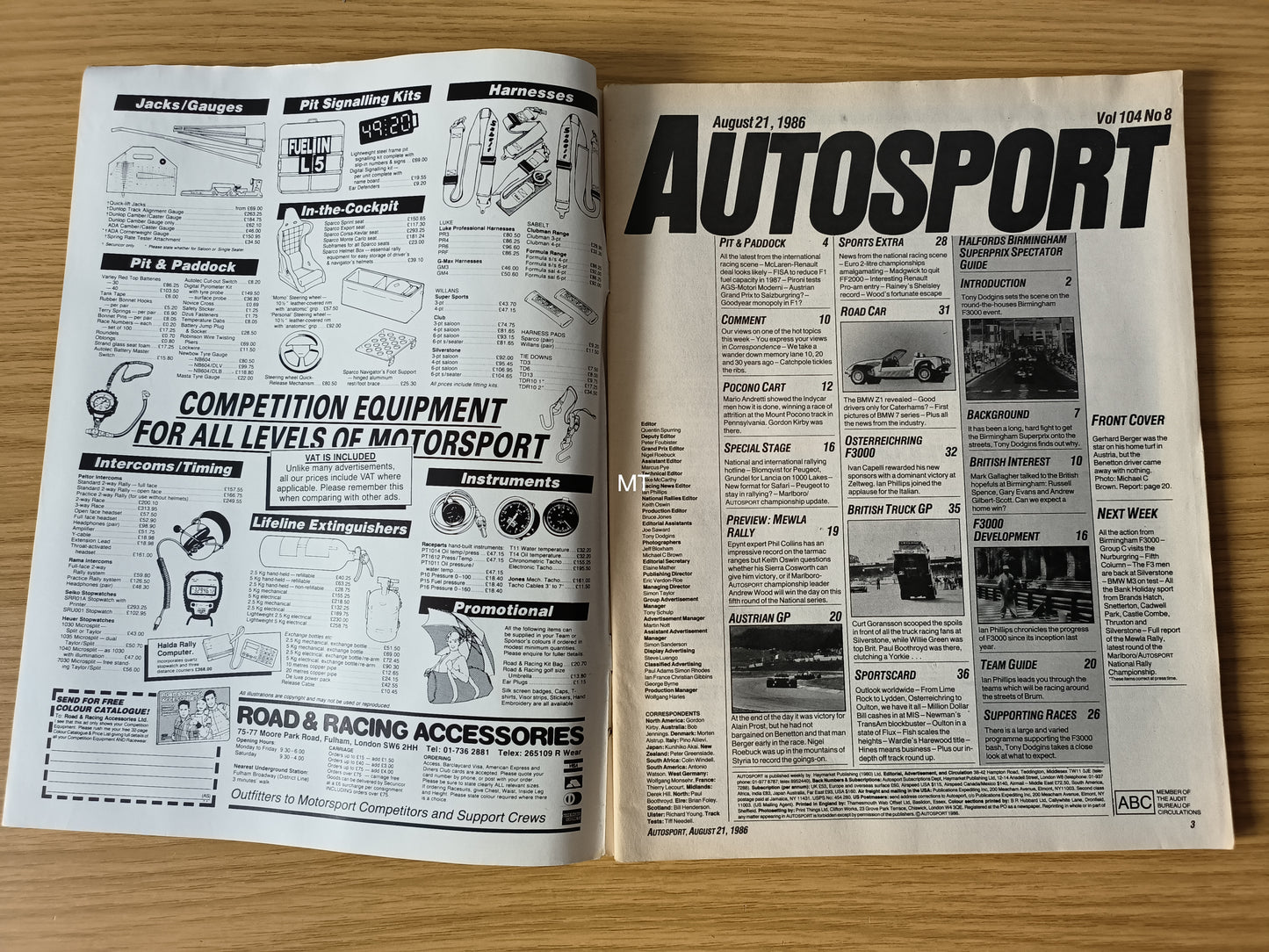 Autosport Magazine 21 Aug 1986 (RARE)(1118) Gerhard Berger Benetton Austrian GP Birmingham Superprix F3000