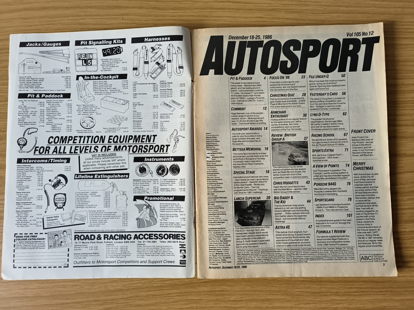 Autosport Magazine 18–25 Dec 1986 (RARE)(1118) Prost’s Double Williams Focus Lancia Supercar F1 Awards Issue
