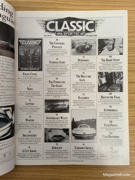Classic and Sportscar Magazine December 1986 Mercedes 540K Ferrari 512 Porsche 917