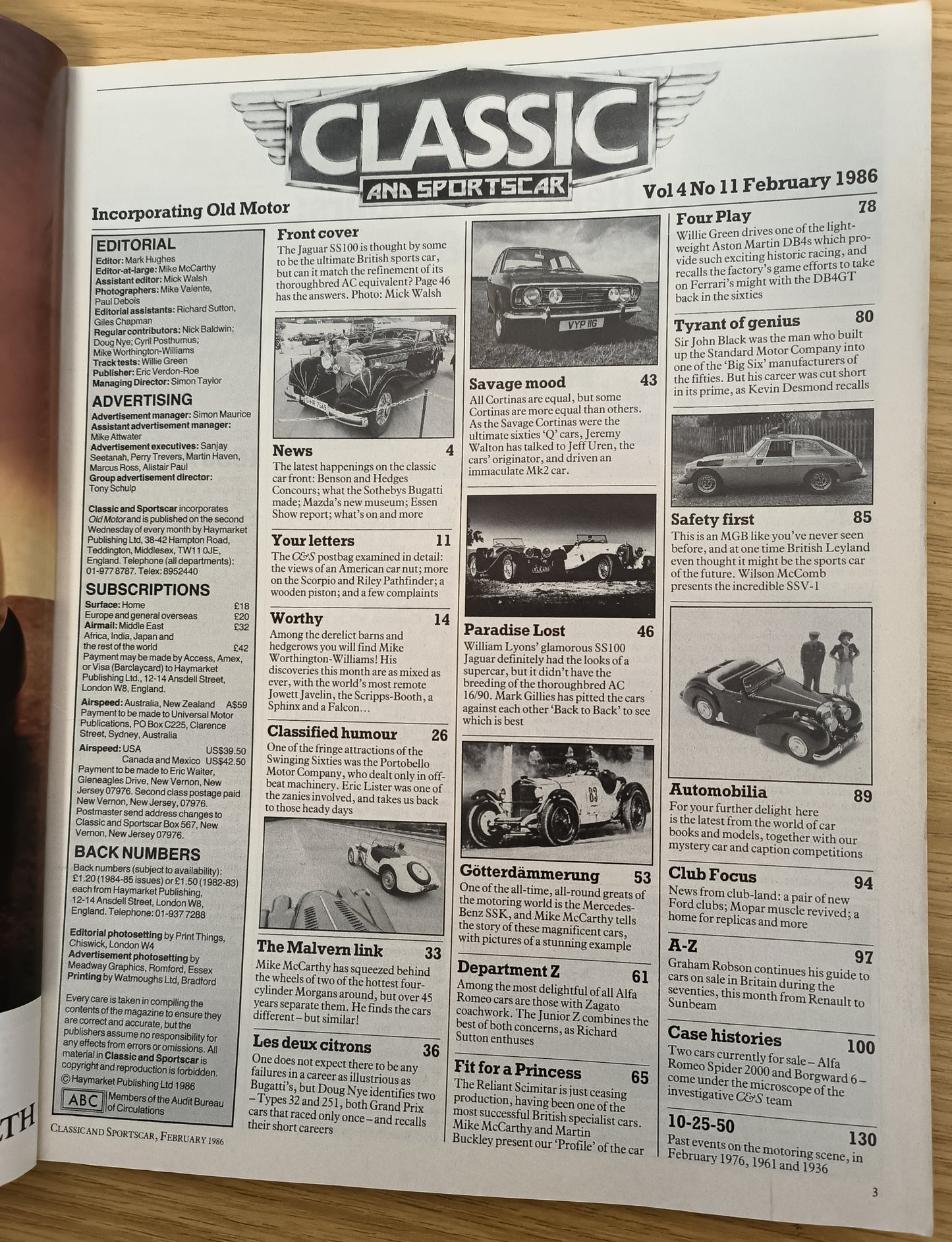 Classic and Sportscar Magazine February 1986 (1155) Jaguar SS100 Scimitar Mercedes SSK Bugatti Morgans
