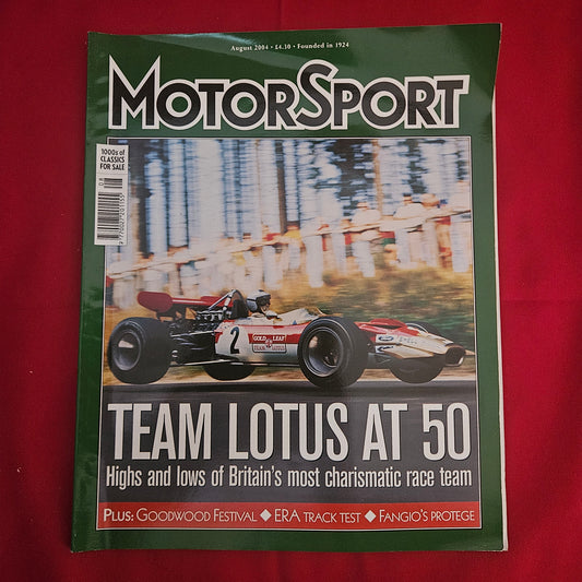 Motor Sport Magazine August 2004 (1201) Team Lotus 50th Anniversary Mika Hakkinen Goodwood Festival Vic Elford Fangio
