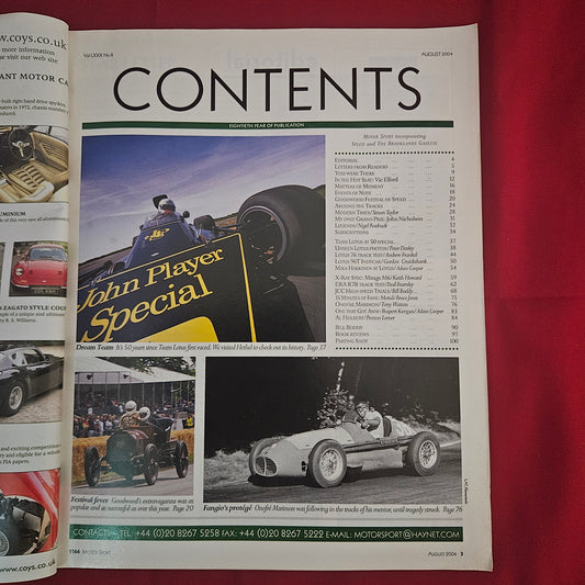 Motor Sport Magazine August 2004 (1201) Team Lotus 50th Anniversary Mika Hakkinen Goodwood Festival Vic Elford Fangio