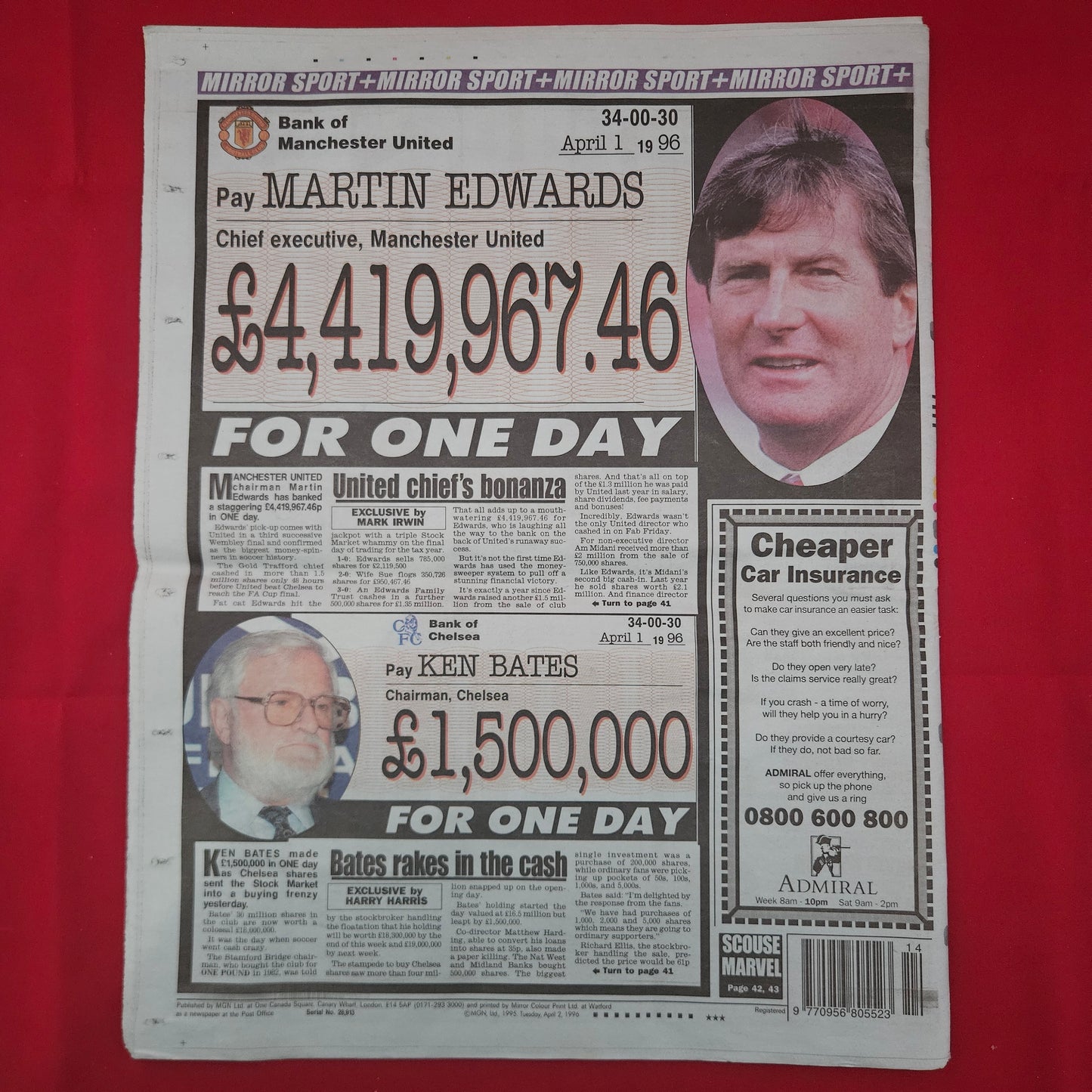 Daily Mirror Newspaper April 2 1996 (bb009) Michelle Collins EastEnders Pepsi Blue Launch Man Utd Martin Edwards Chelsea