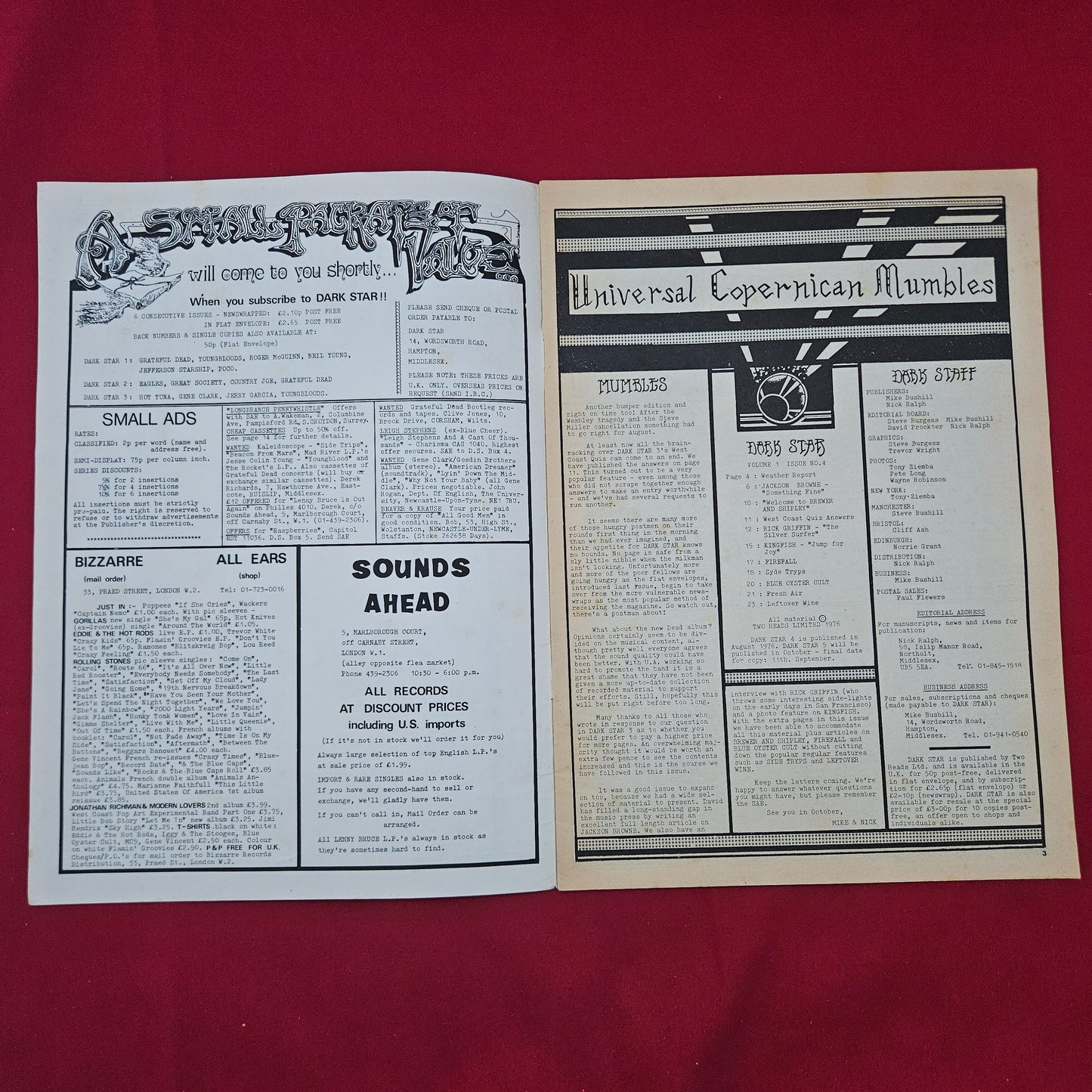 Dark Star Magazine August 1976 (1277) Vol 1 No 4 Jackson Browne Rick Griffin