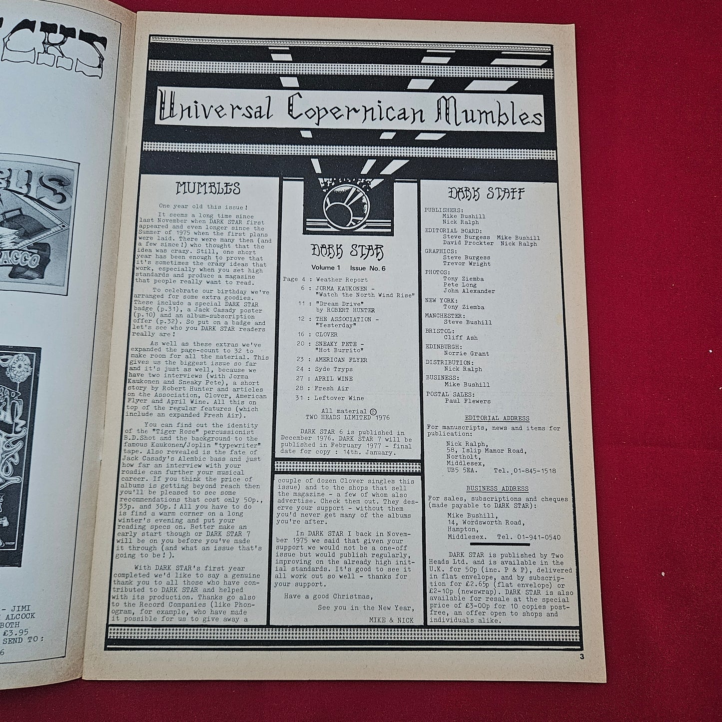 Dark Star Magazine December 1976 (1277) Vol 1 No 6 1st Anniv Sneaky Pete Jorma