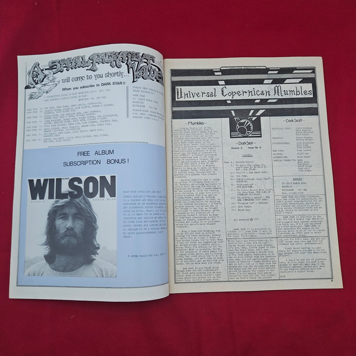 Dark Star Magazine October 1977 (1277) Vol 2 No 5 Bob Dylan Beach Boys Big Star