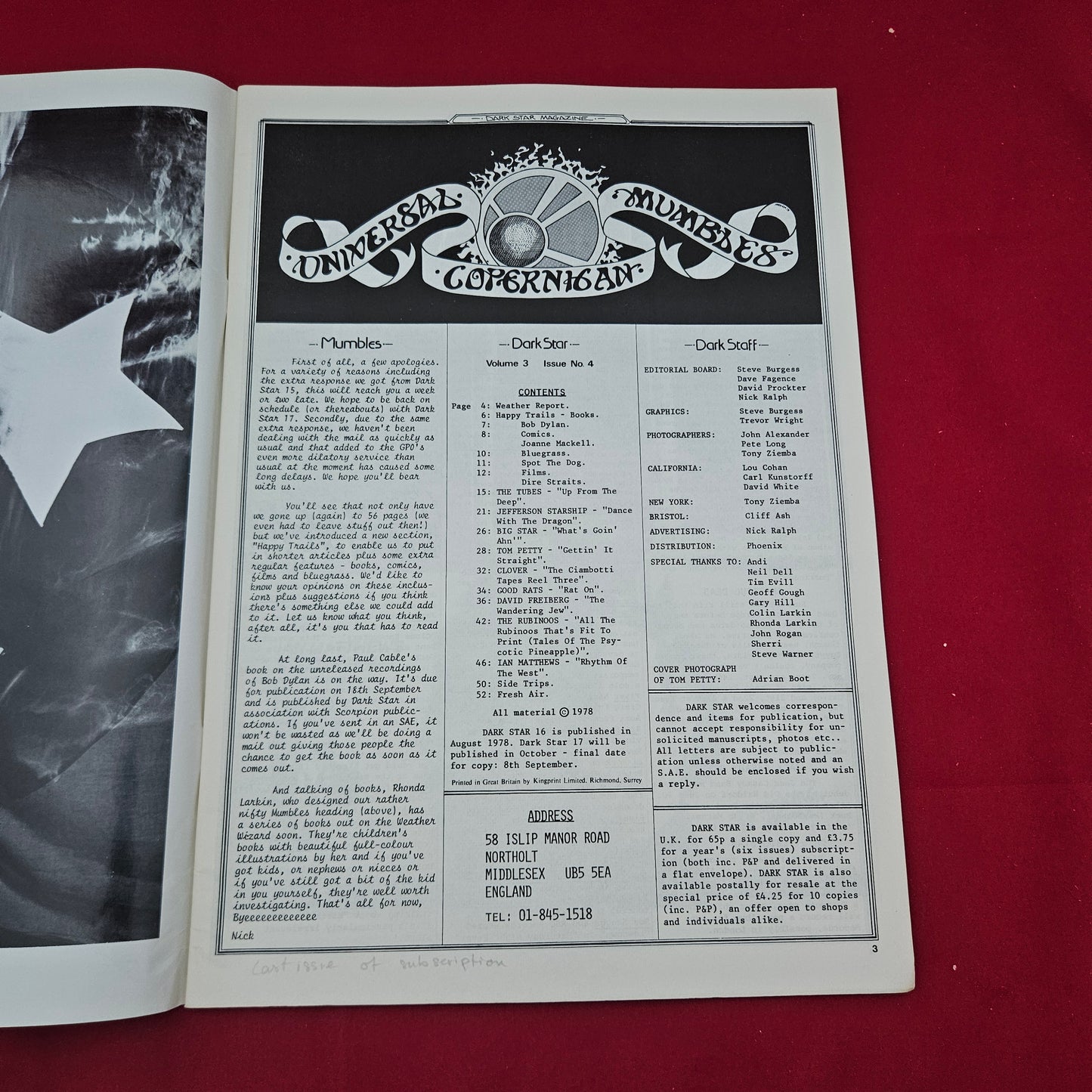 Dark Star Magazine August 1978 (1277) Vol 3 No 4 Tom Petty The Tubes Big Star