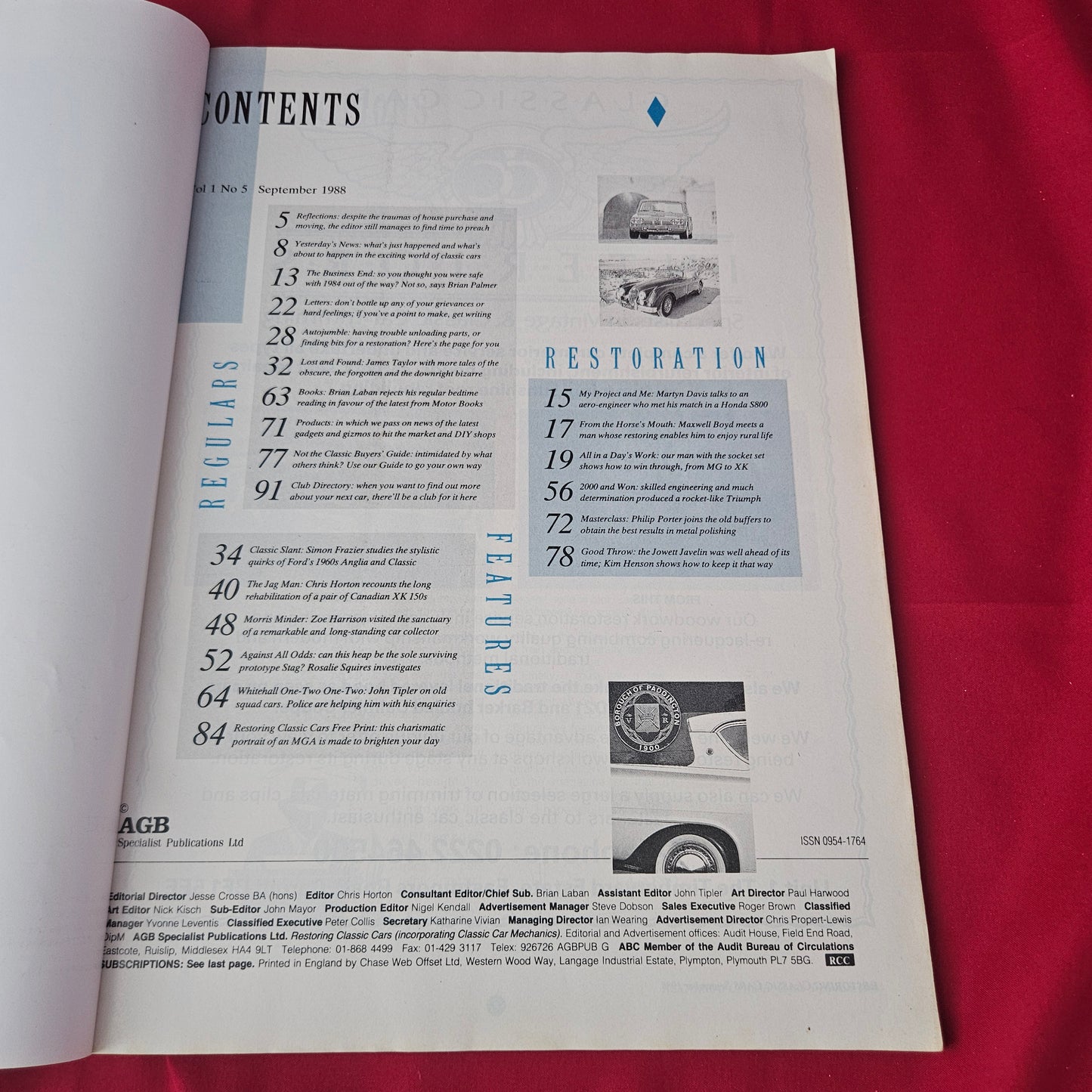 Restoring Classic Cars September 1988 (1371) FREE MGA PRINT Ford Anglia Jaguar XK150
