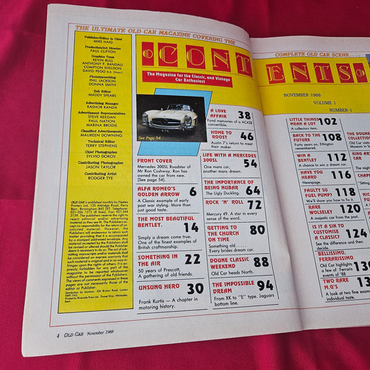 Old Car Magazine November 1988 (1372) Premier Issue Vol 1 No 1 Mercedes 300SL Bentley