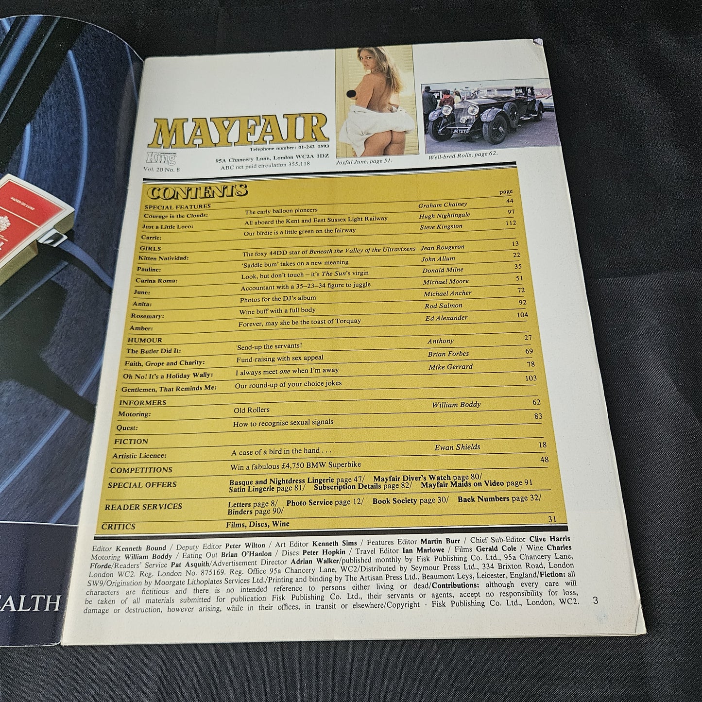 Mayfair Magazine Vol 20 No 8 August 1985 (1387) June Sands Poster Kitten Natividad Pauline Carina Roma June Anita Rosemary Amber Glamour Models