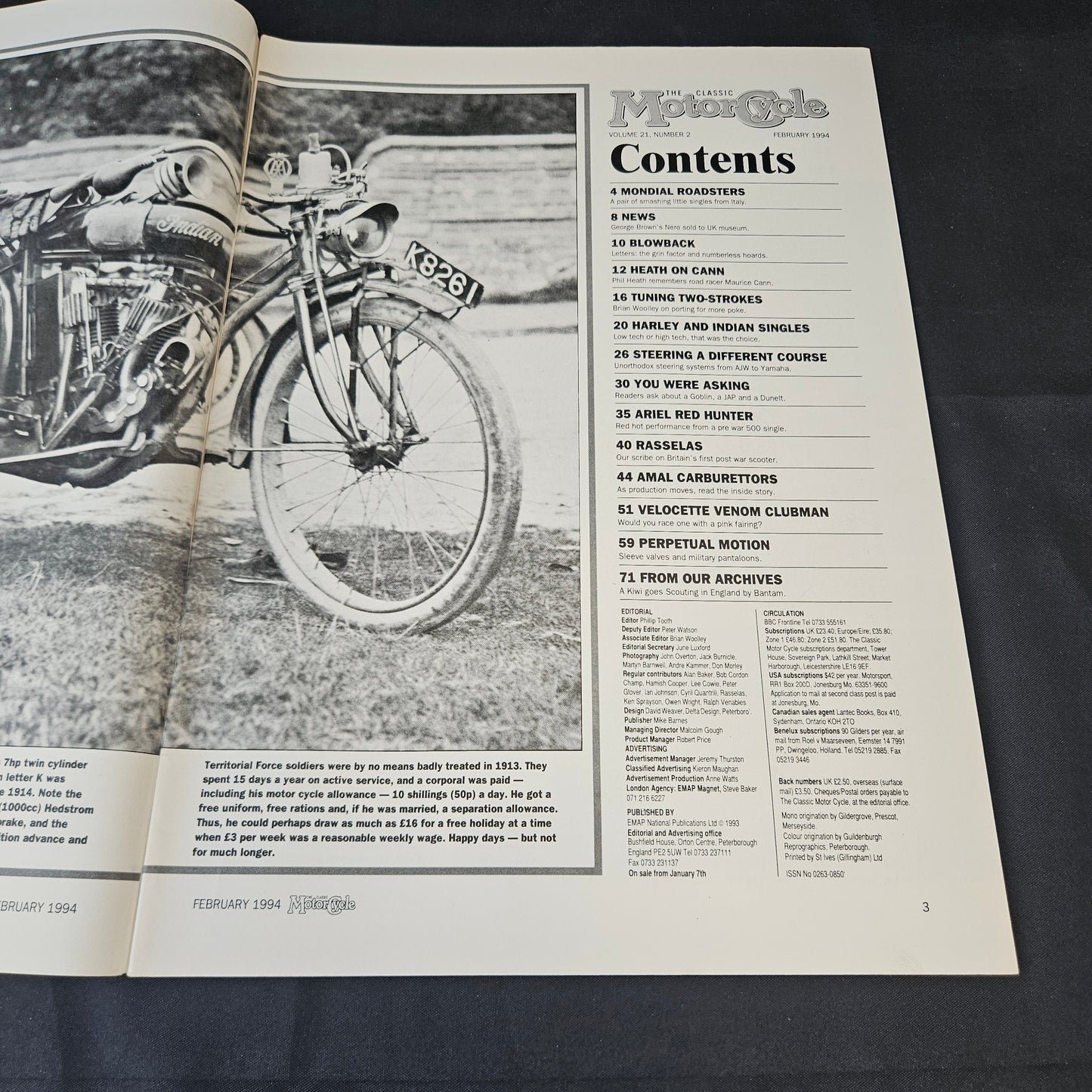 The Classic Motor Cycle Magazine February 1994 (1402) Velocette Venom Clubman Ariel Indian Harley Mondial