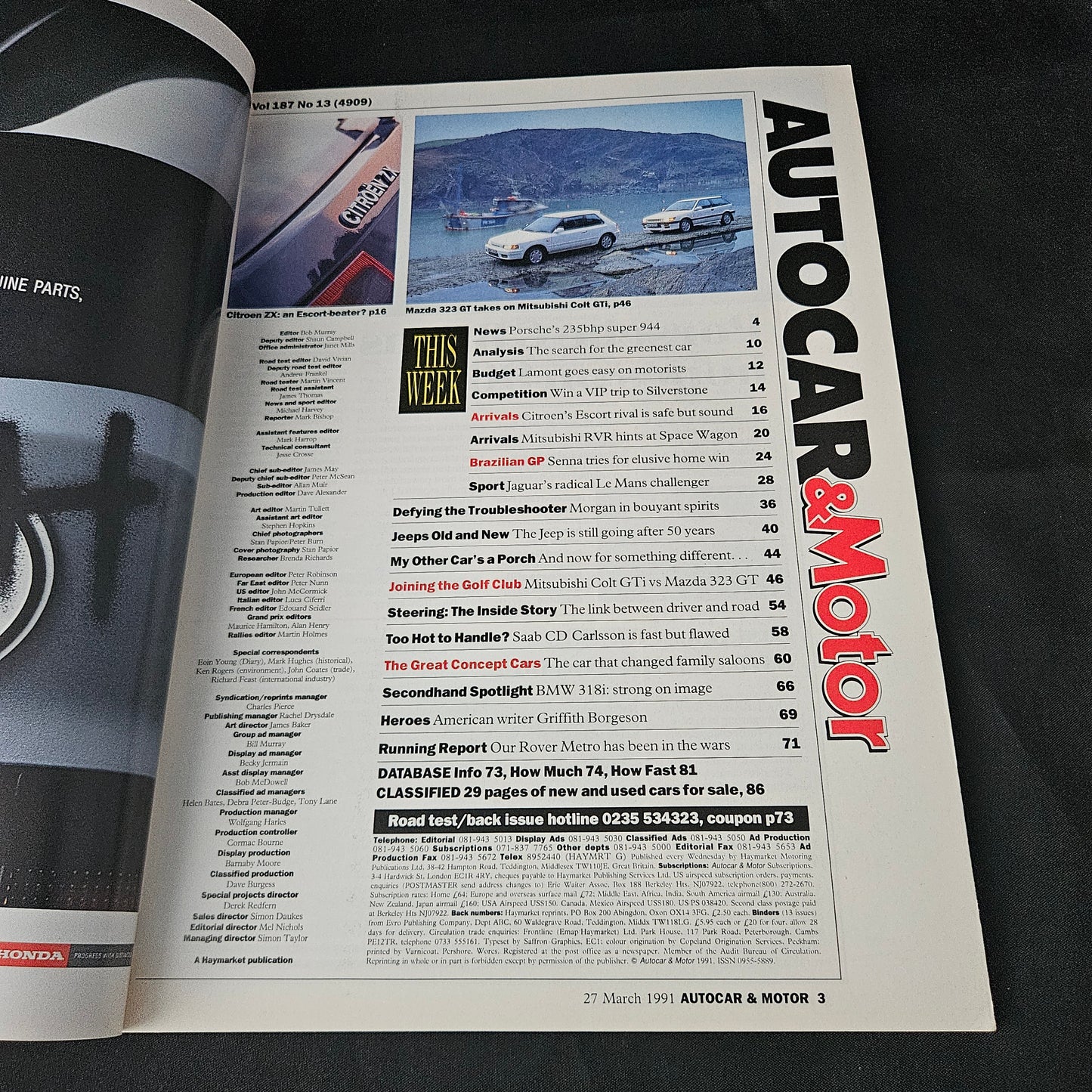 Autocar & Motor Magazine 27 March 1991 (1405) Citroen ZX Porsche 944 Toyota Range Mazda 323 GT