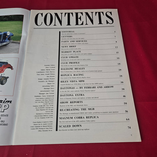 Classic Replicas Magazine August/September 1988 (1419) Ferrari Daytona MGB Cobra Austin Healey Riley MPH