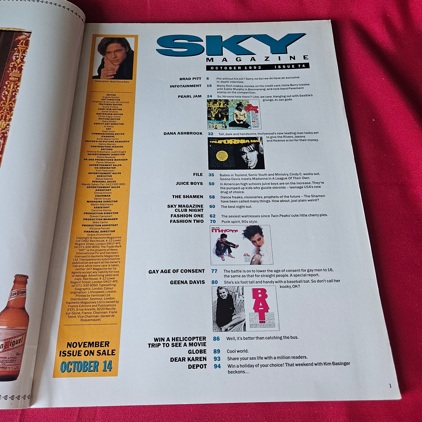 Sky Magazine October 1992 Brad Pitt Geena Davis Pearl Jam Dana Ashbrook (1443)